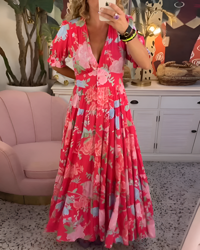 Laura - Floral Print V-neck Pocket Dress
