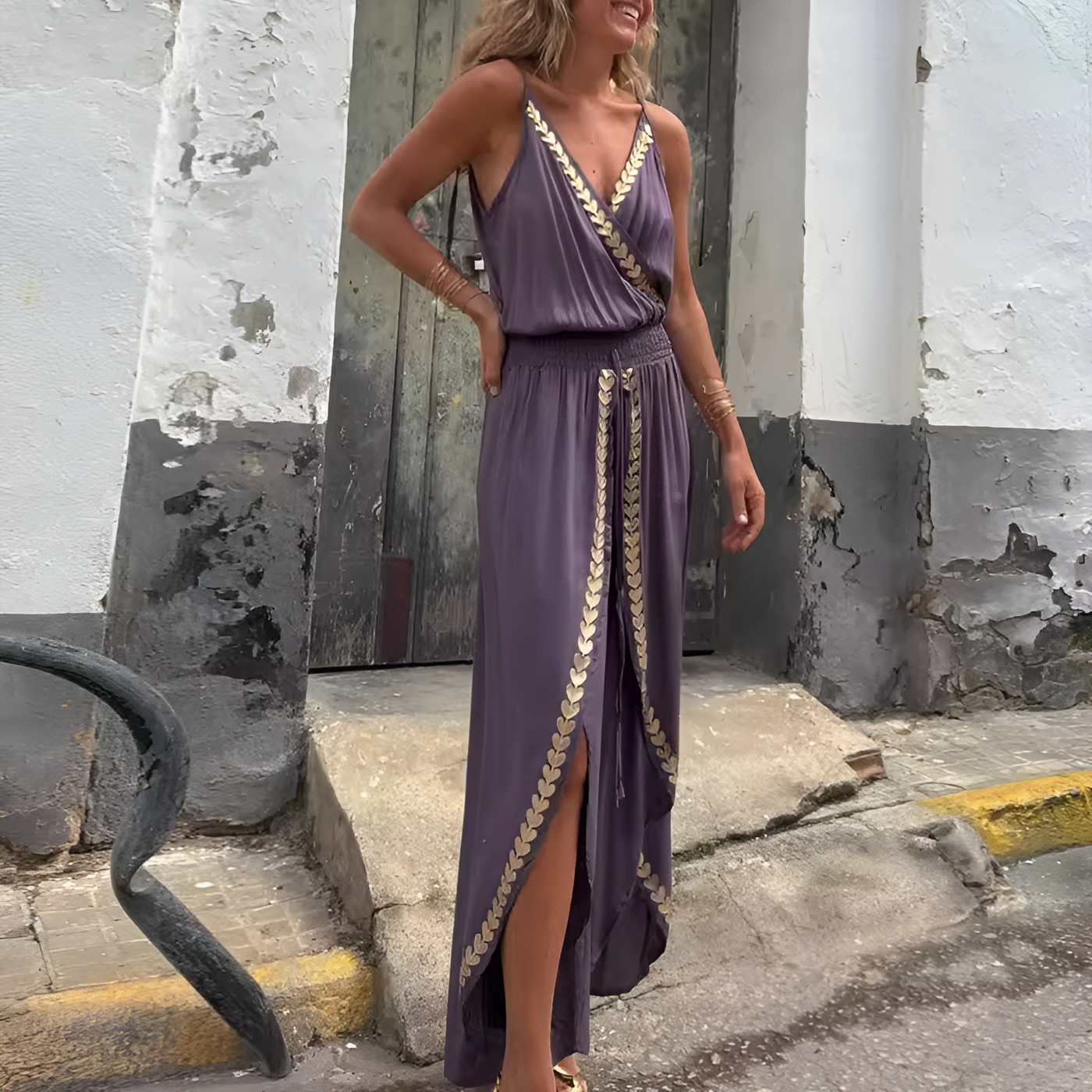 Destiny – Flowy Jumpsuit with Gold Accents