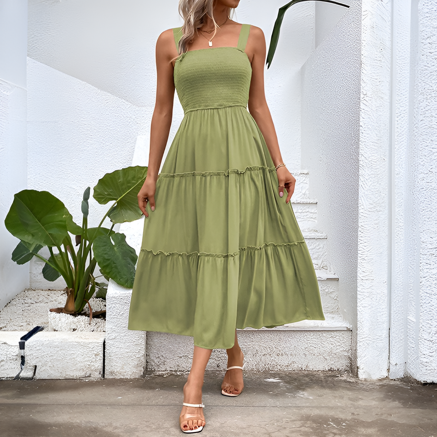 Fiora – Vintage Frill Hem Shirred Backless Sundress