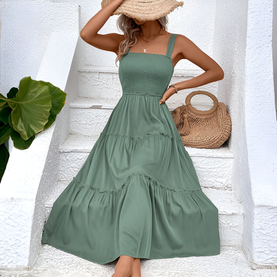 Fiora – Vintage Frill Hem Shirred Backless Sundress