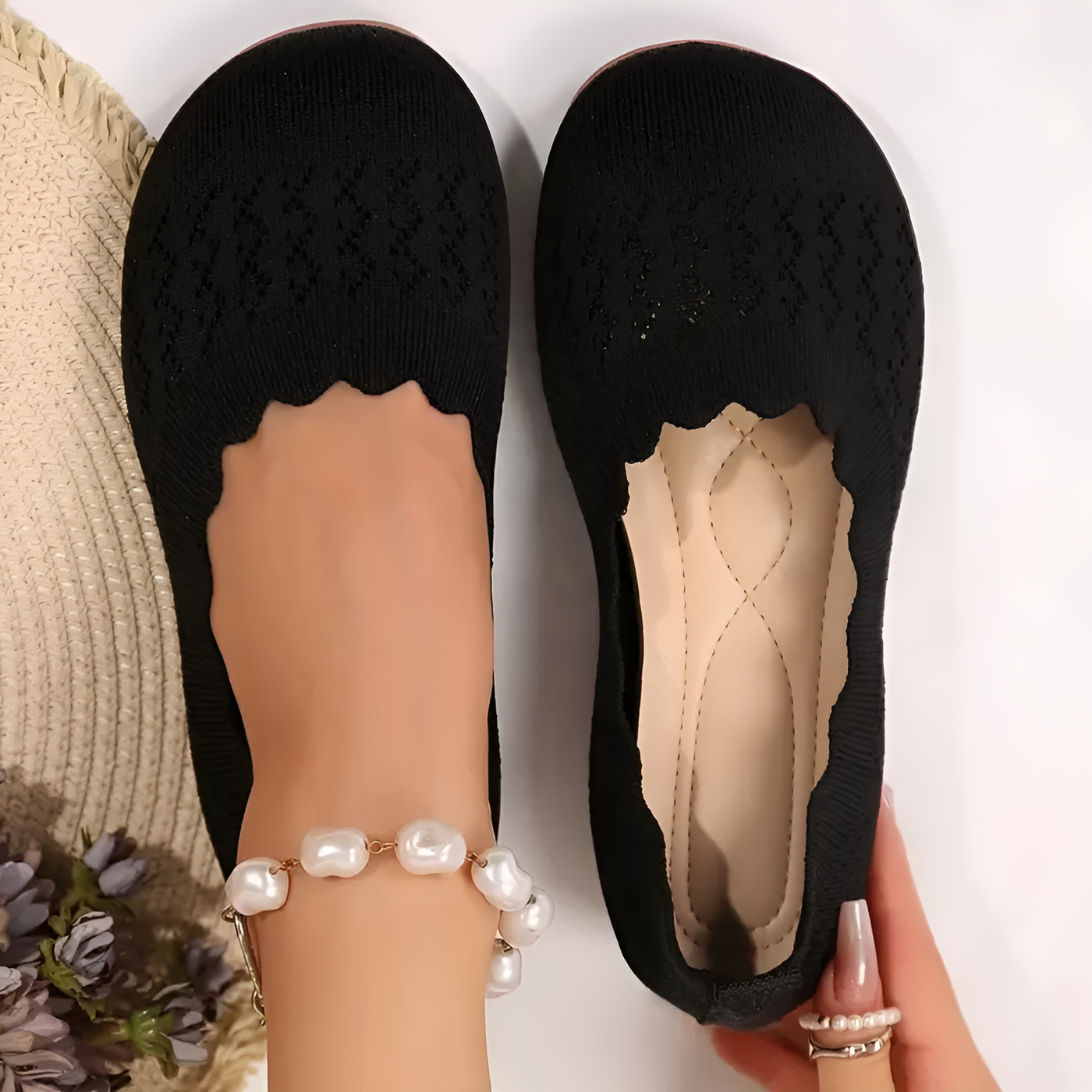 Olivia - Women's Slip-On Wave Lace Detail Round Toe Shoes