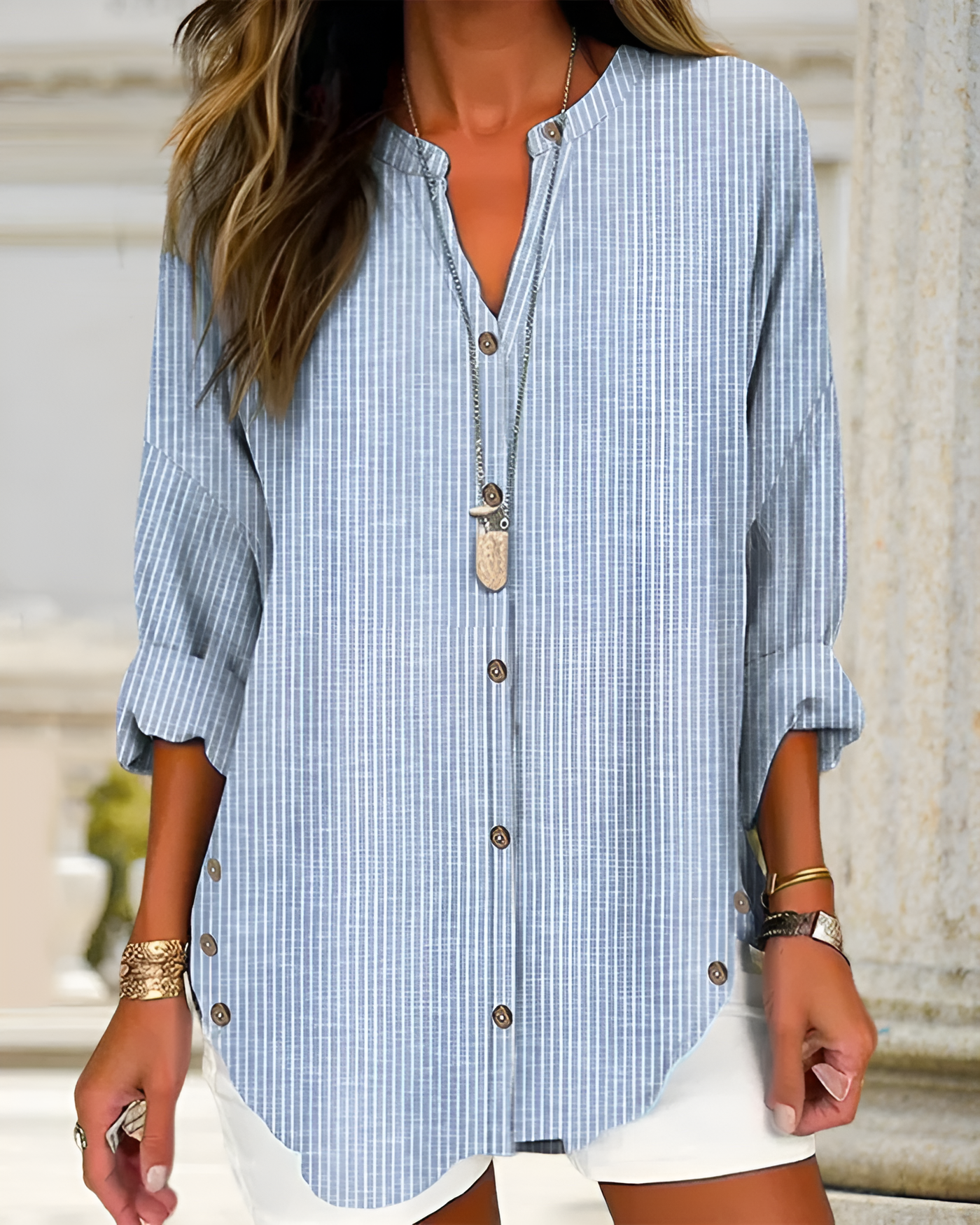 Lucida - Elegant V-Neck Blouse with Timeless Stripe Pattern