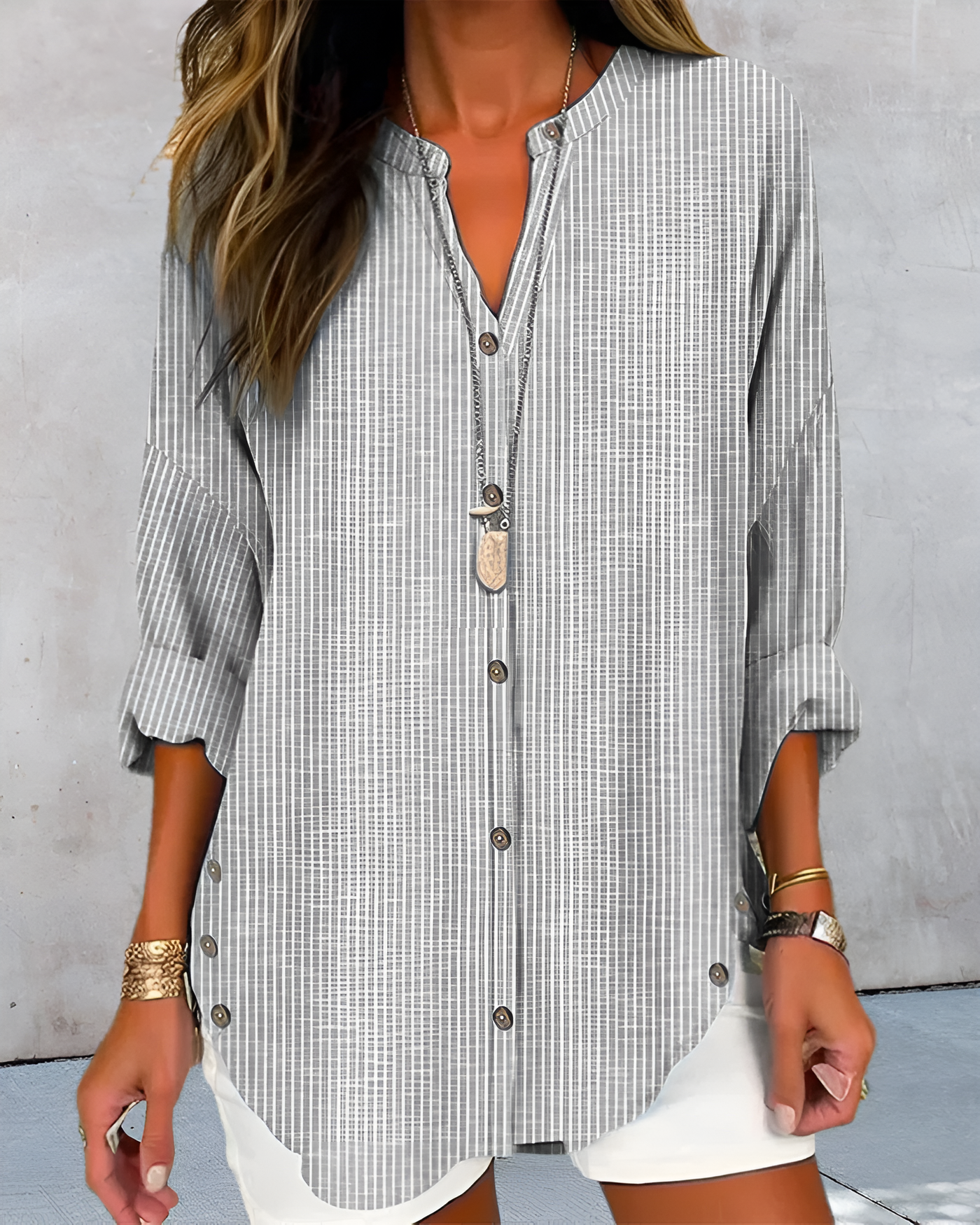 Lucida - Elegant V-Neck Blouse with Timeless Stripe Pattern