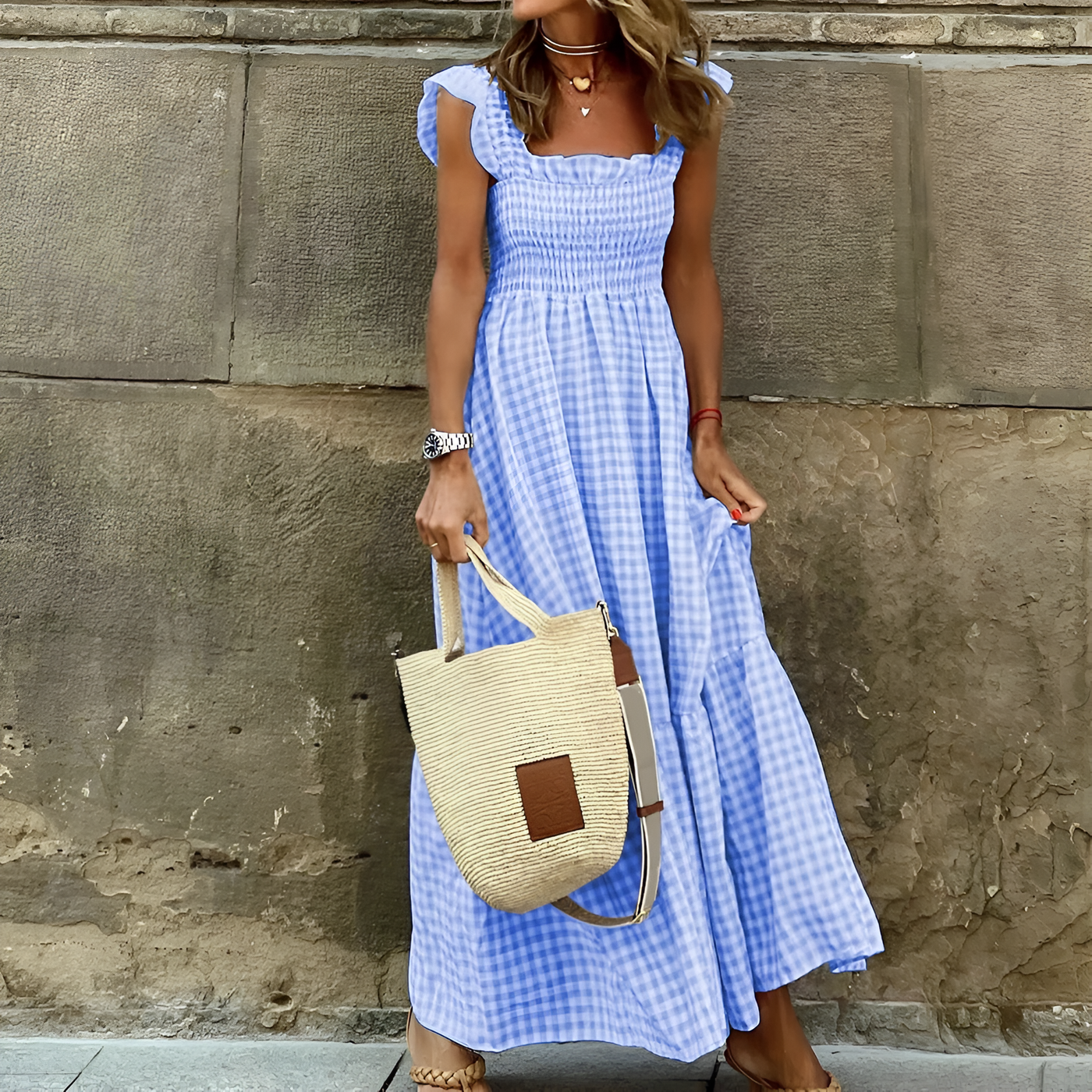 Carina - Plaid Ruffle-Sleeve Smocked Maxi Dress
