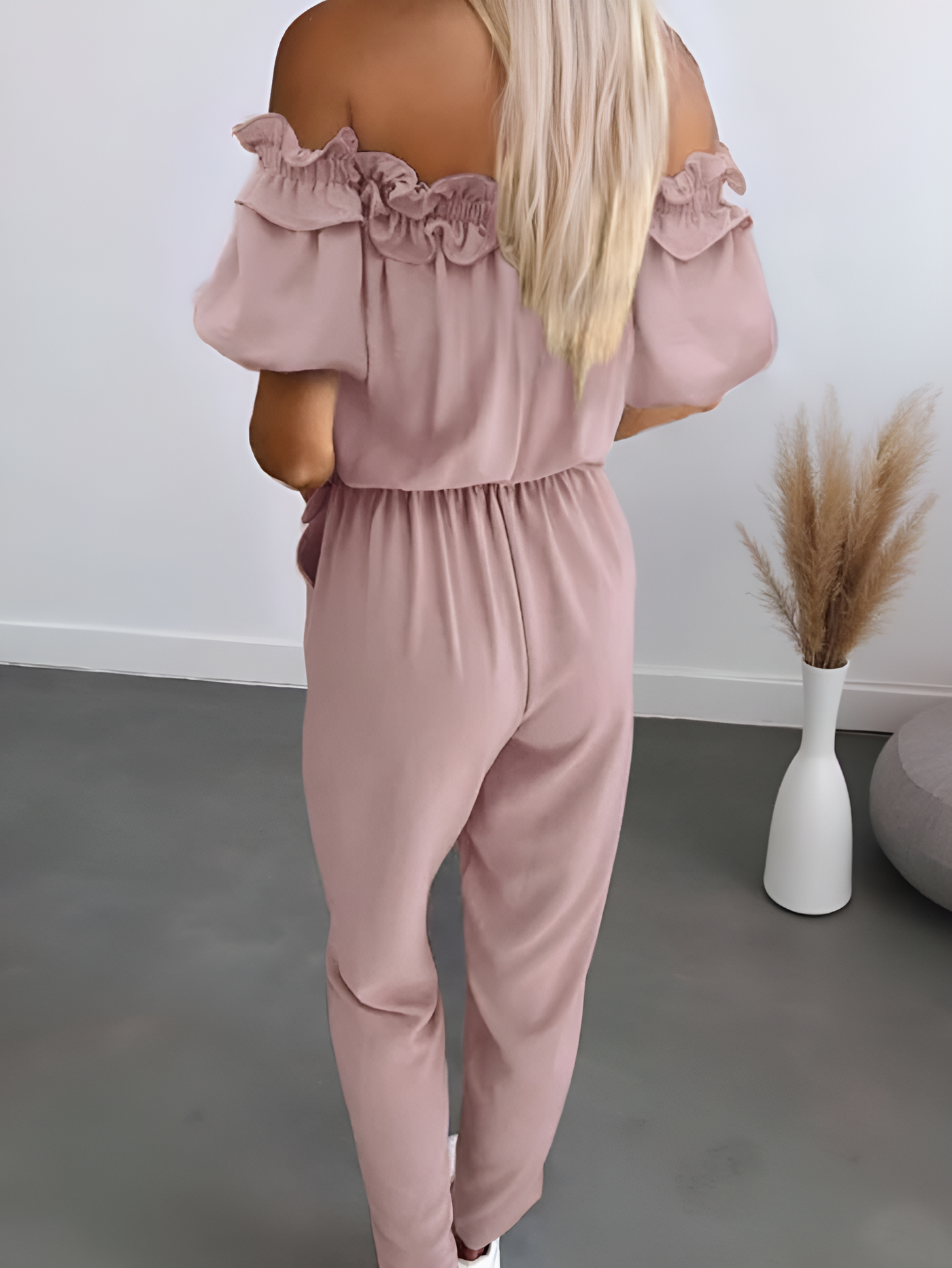 Wendy – Chic Off-Shoulder Frill Tie-Waist Jumpsuit
