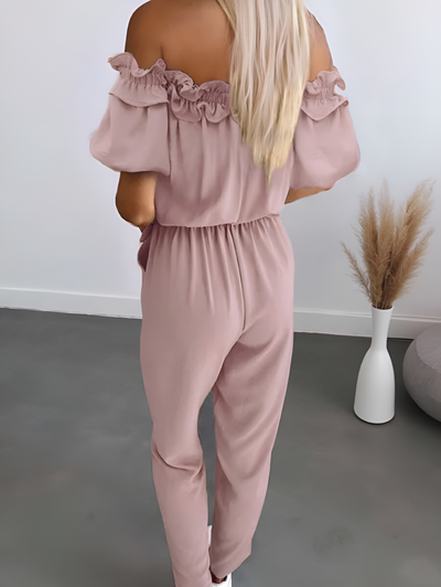 Wendy – Chic Off-Shoulder Frill Tie-Waist Jumpsuit