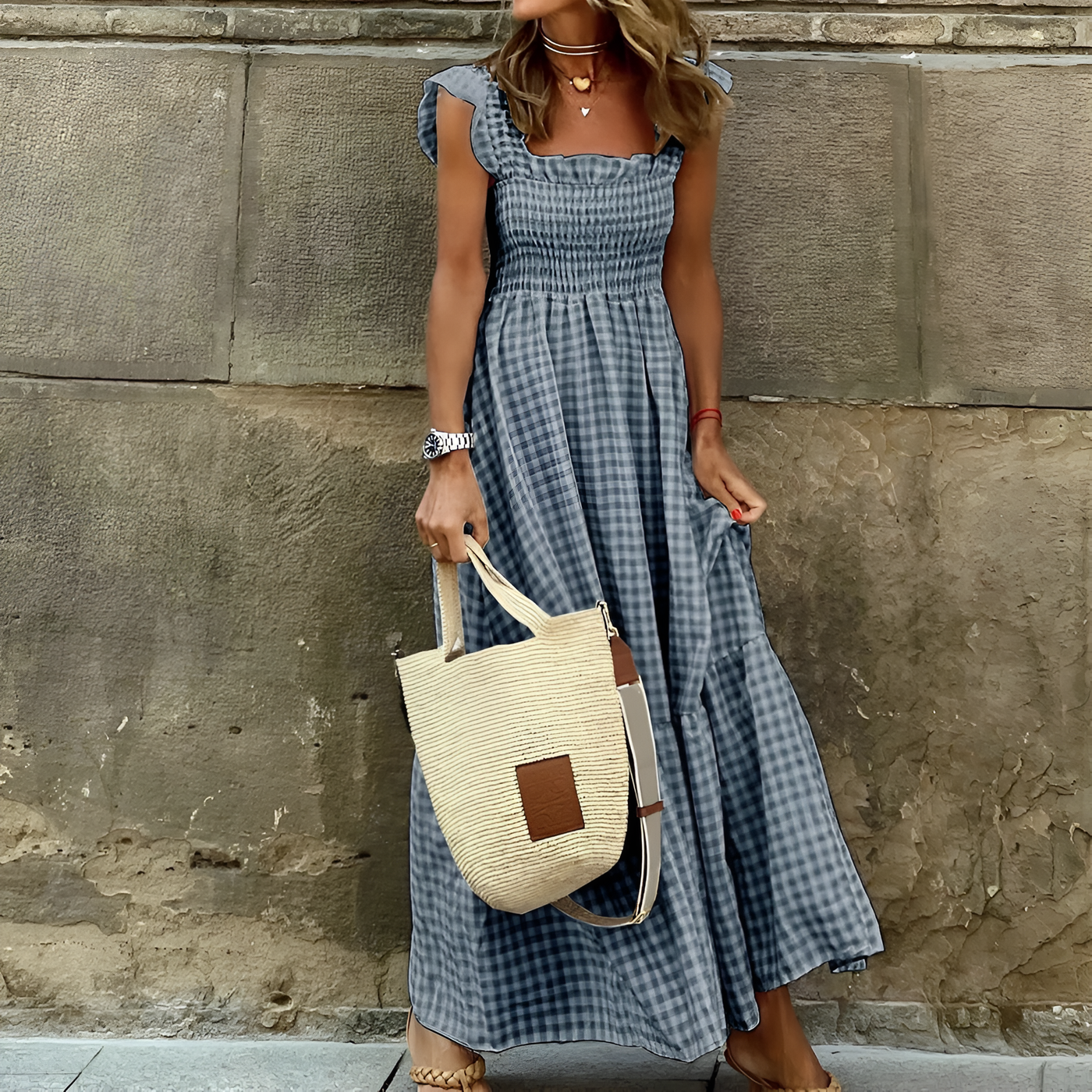 Carina - Plaid Ruffle-Sleeve Smocked Maxi Dress