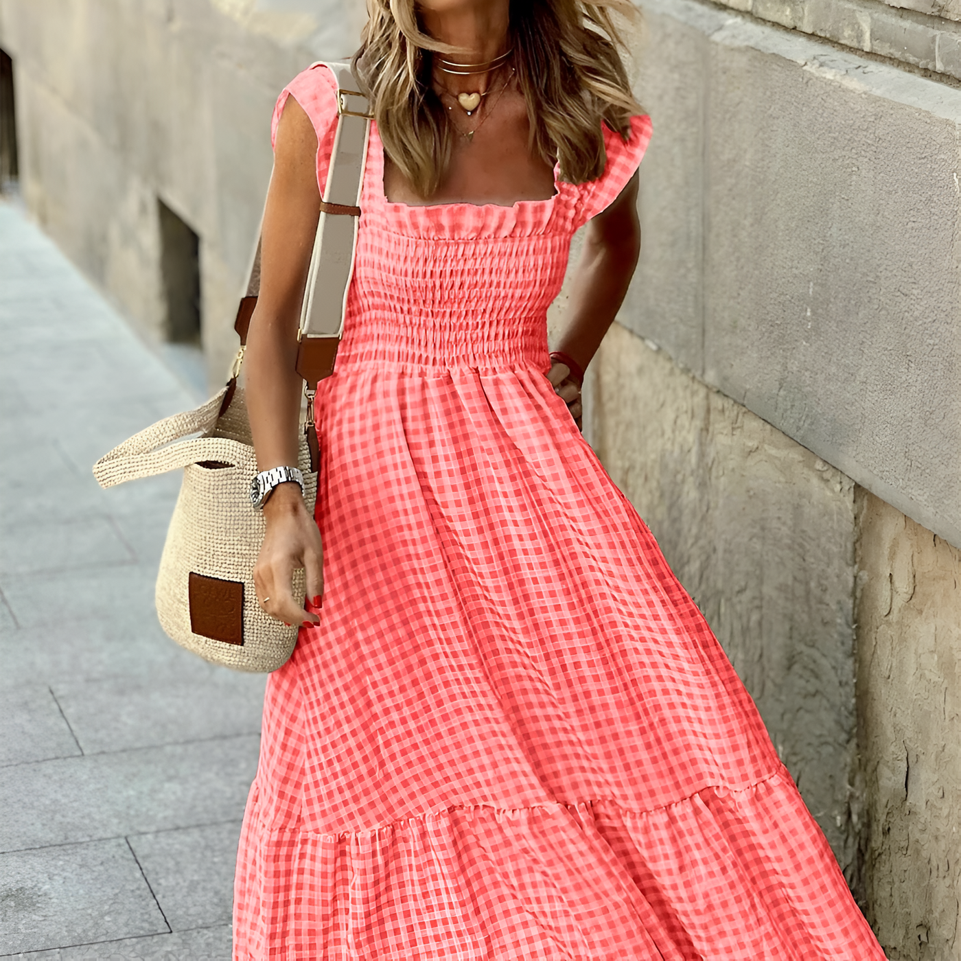 Carina - Plaid Ruffle-Sleeve Smocked Maxi Dress