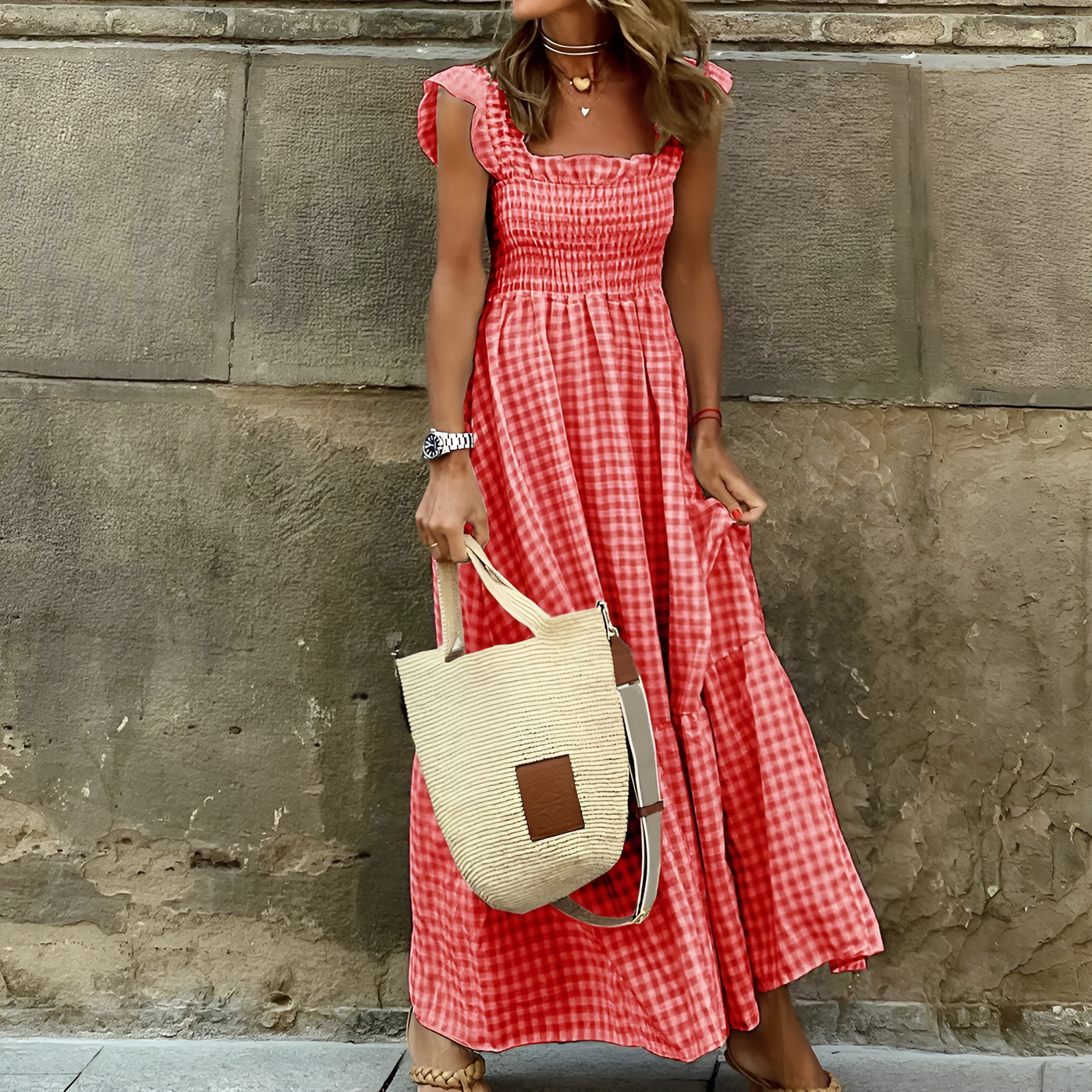 Carina - Plaid Ruffle-Sleeve Smocked Maxi Dress