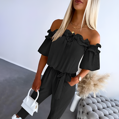 Wendy – Chic Off-Shoulder Frill Tie-Waist Jumpsuit