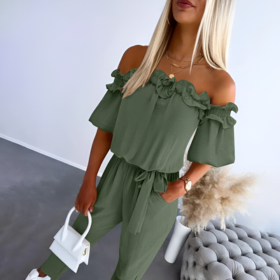 Wendy – Chic Off-Shoulder Frill Tie-Waist Jumpsuit