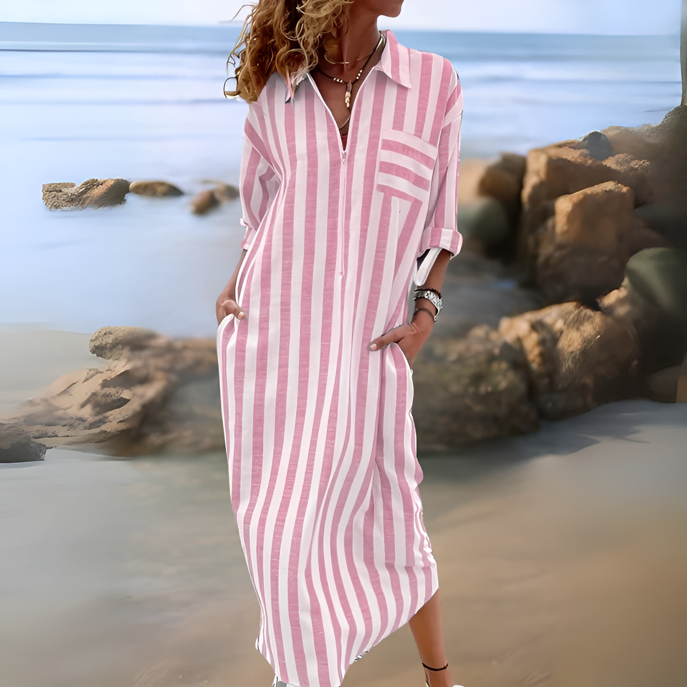 Ilya – Elegant Striped Dress with V-Neckline
