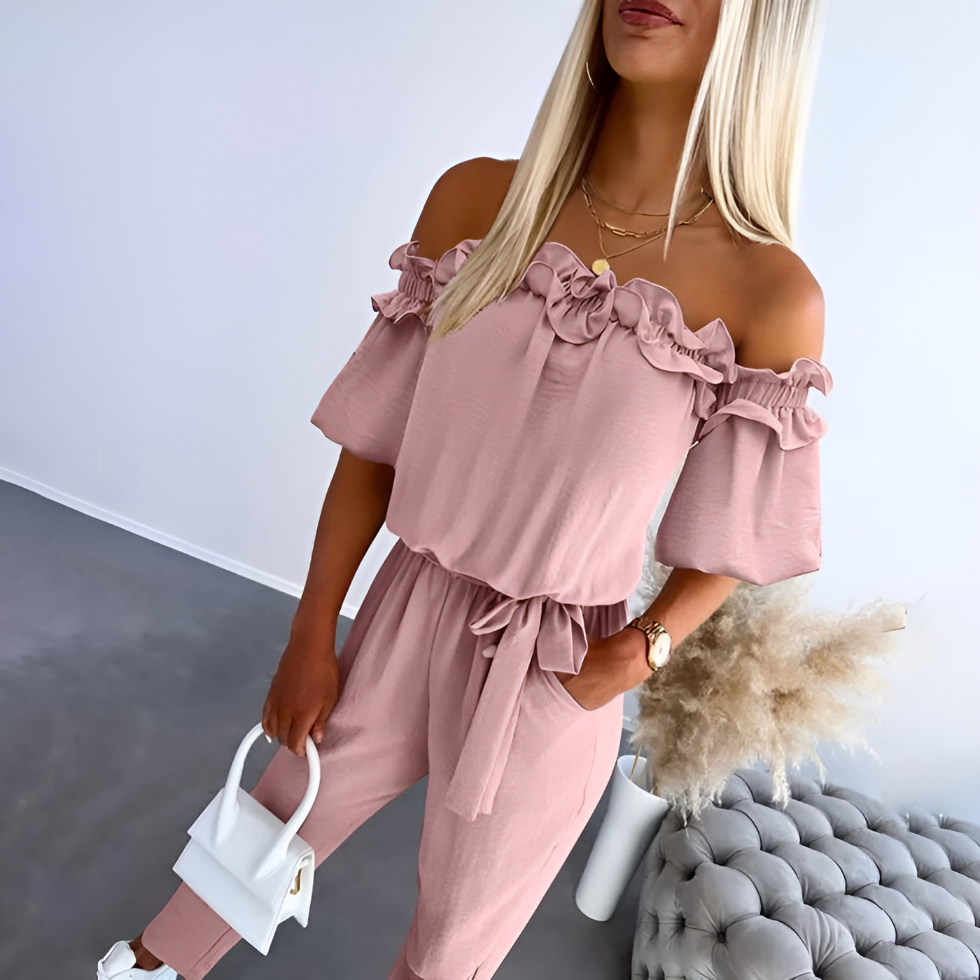 Wendy – Chic Off-Shoulder Frill Tie-Waist Jumpsuit