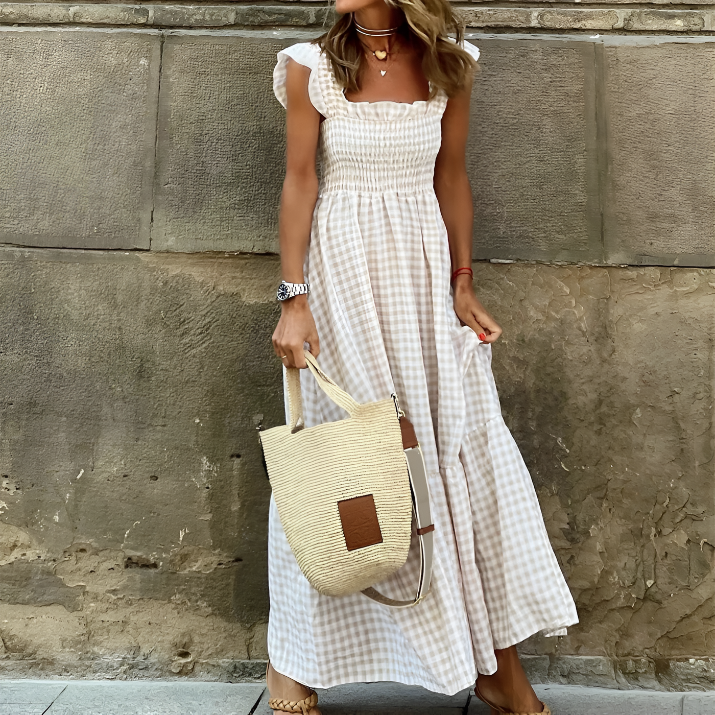 Carina - Plaid Ruffle-Sleeve Smocked Maxi Dress