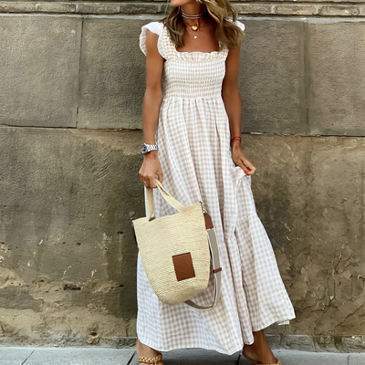 Carina - Plaid Ruffle-Sleeve Smocked Maxi Dress