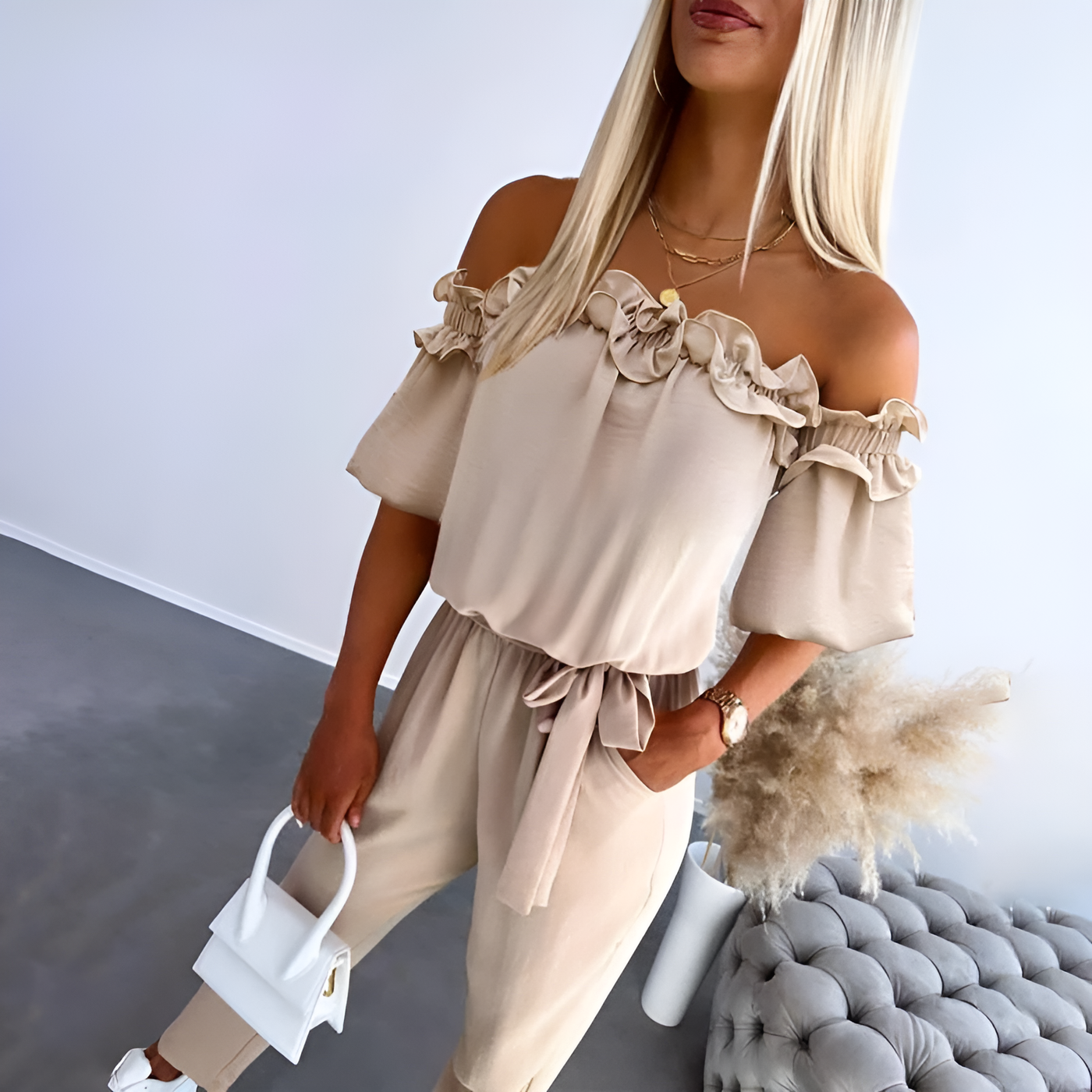 Wendy – Chic Off-Shoulder Frill Tie-Waist Jumpsuit