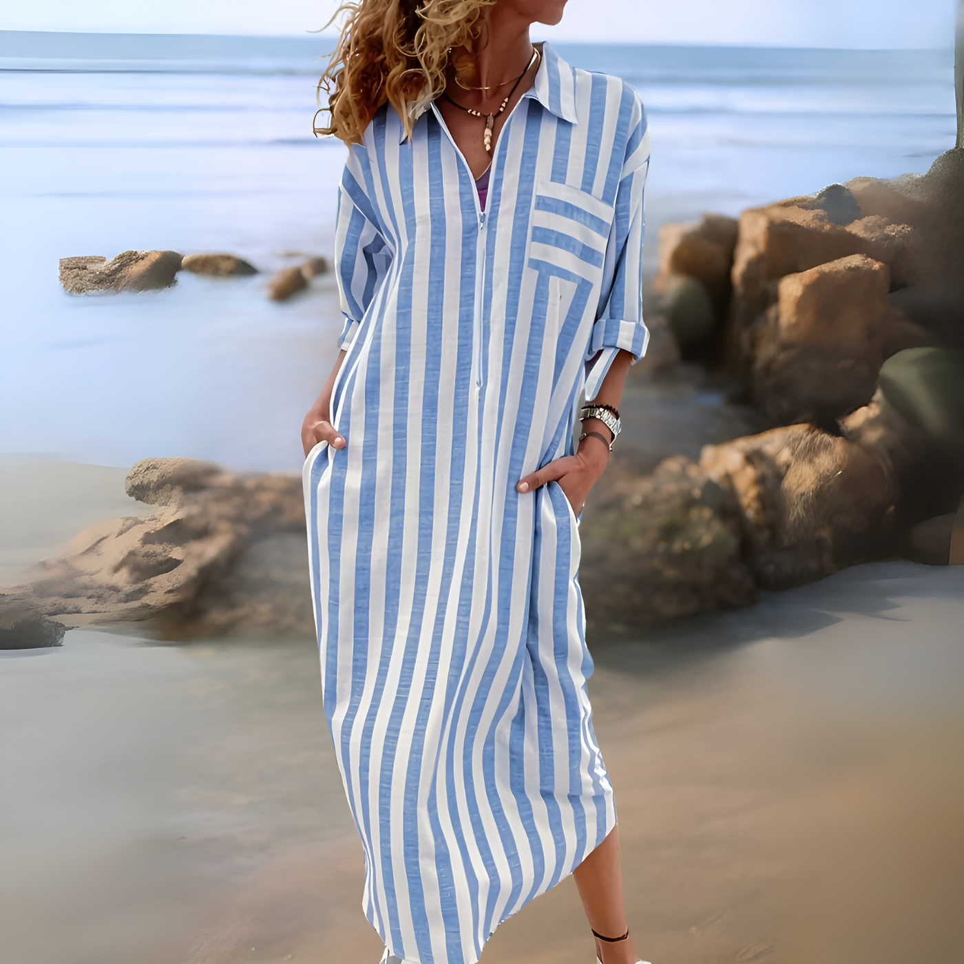 Ilya – Elegant Striped Dress with V-Neckline