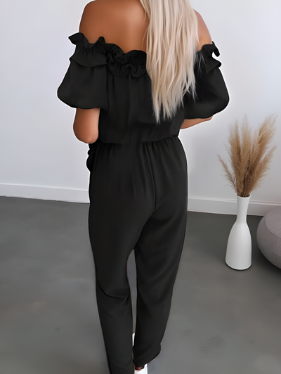 Wendy – Chic Off-Shoulder Frill Tie-Waist Jumpsuit
